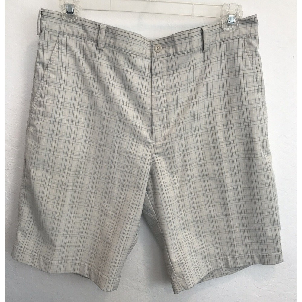 Nike Golf Mens Dri Fit Shorts Logo Chino Sz 36 Beige Plaid Pockets Golf Athletic
